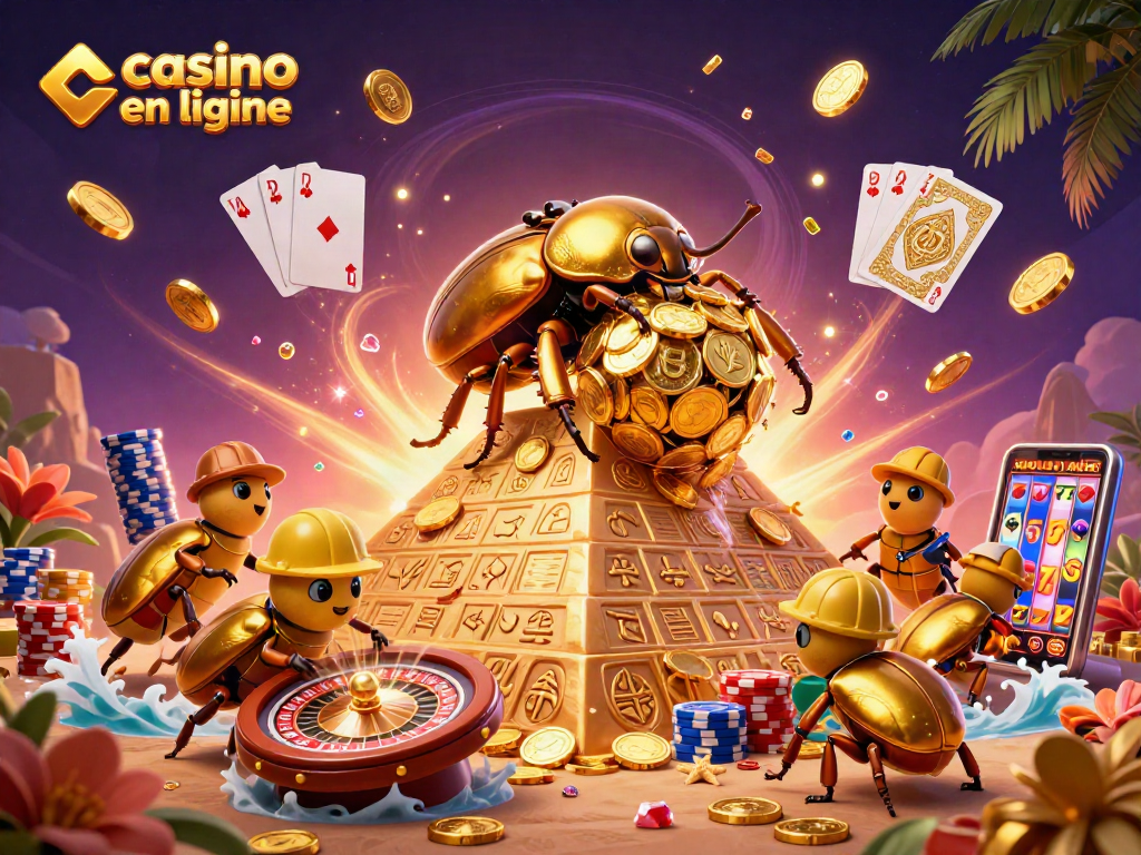 Découvrez une scène dynamique avec une illustration de casino en ligne, où des coléoptères d'or roulent des pièces et des éléments de jeu.