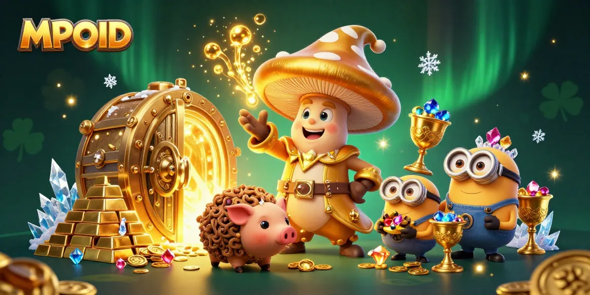 Experience the magic of MPOID slots with golden treasures and vibrant gems in a captivating illustration.
