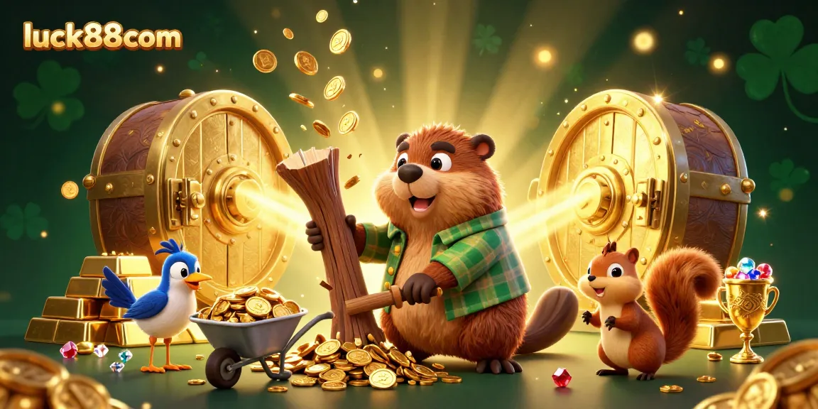 Experience excitement at luck88com with a lively beaver collecting gold in this entertaining casino-themed artwork.