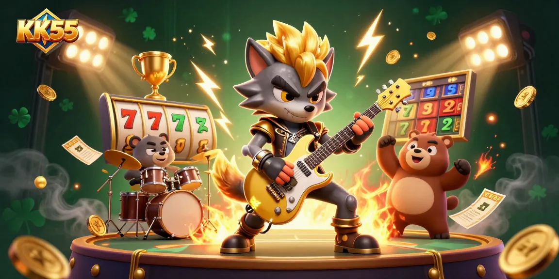 Experience the excitement at KK55 with action-packed casino elements and vibrant characters in a dynamic scene.