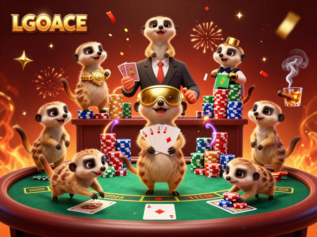 LGOACE meerkats managing a vibrant casino with poker elements and festive effects.