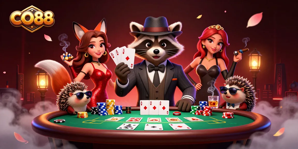 Play poker with CO88's raccoon and fox characters, showcasing vibrant casino elements.