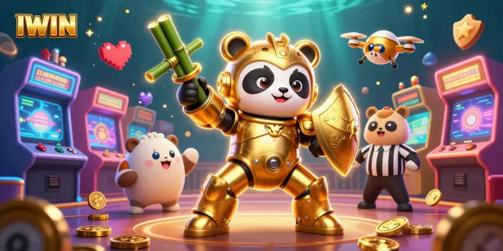 IWIN casino illustration featuring a mech-suit panda piloting a robot surrounded by colorful gaming elements.
