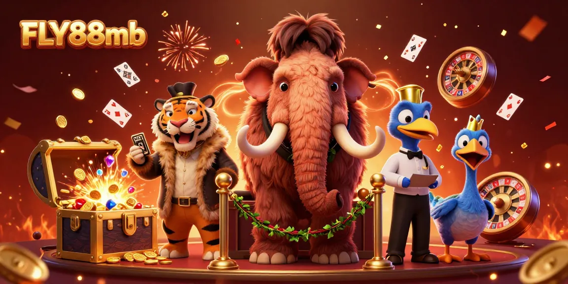 FLY88mb casino illustration with vibrant characters, showcasing excitement in online gaming.