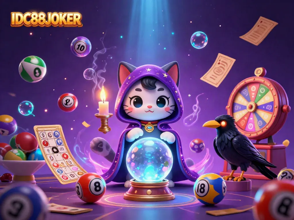 Engage with the thrilling world of IDC88JOKER, showcasing a vibrant casino scene with a mystical cat and raven.