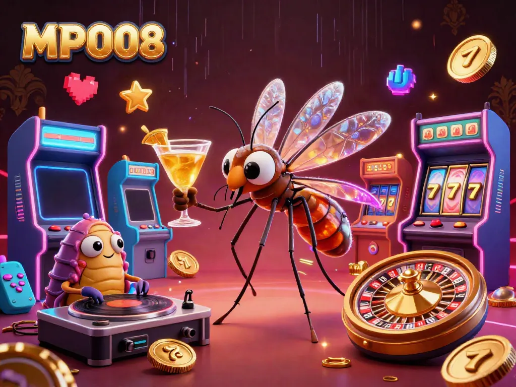MPO08 showcases a lively 3D casino scene with a mosquito mascot, a trilobite DJ, and casino-themed elements.