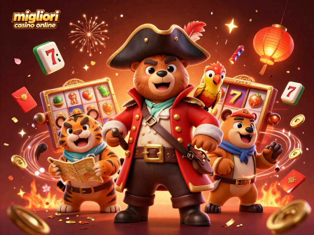 Immersi nei migliori casino online, il capitano orso e il suo equipaggio festeggiano con simboli di vincita.