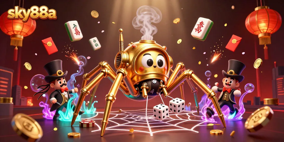 Engage with sky88a's thrilling online gaming world featuring an adventurous steampunk spider and captivating casino elements.