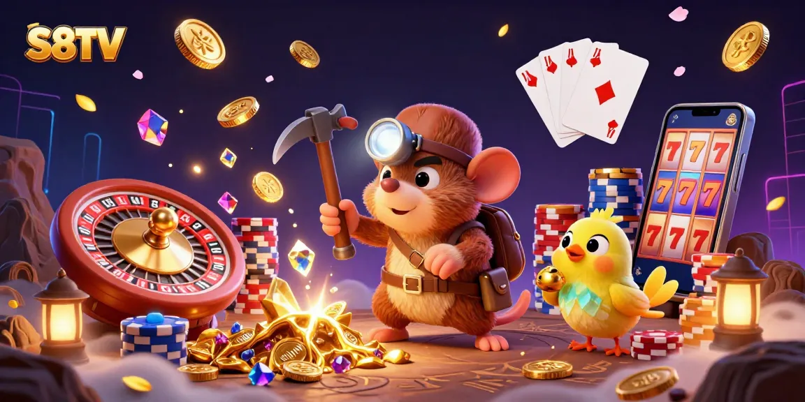 Join the excitement at S8TV with dynamic treasure-hunting characters in a vibrant 3D gambling scene.