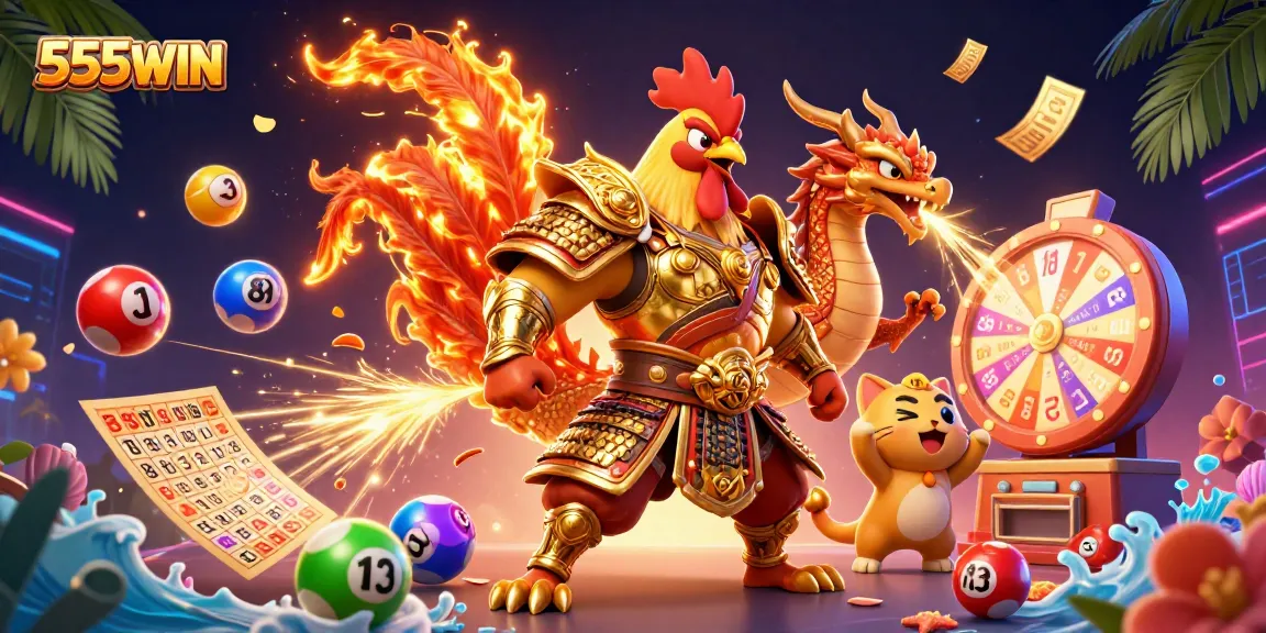 Exciting 555WIN casino illustration showcasing a fearless rooster warrior and dragon hatchling among dynamic gambling elements.