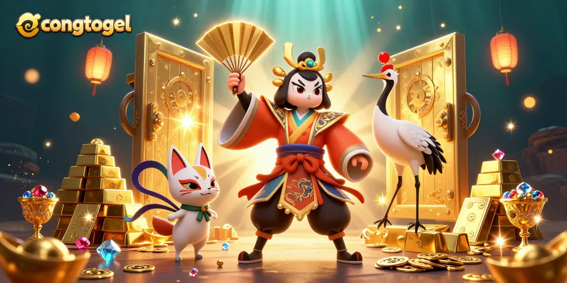 Experience the excitement of congtogel with a vibrant 3D illustration of a kabuki warrior and treasures.