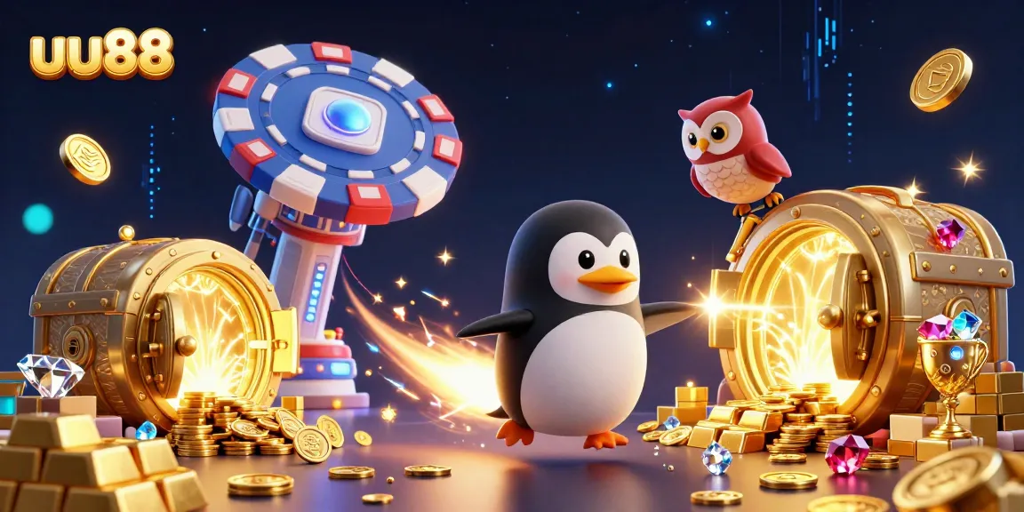 uu88 golden penguin flies toward a casino-themed space station, collecting treasures.