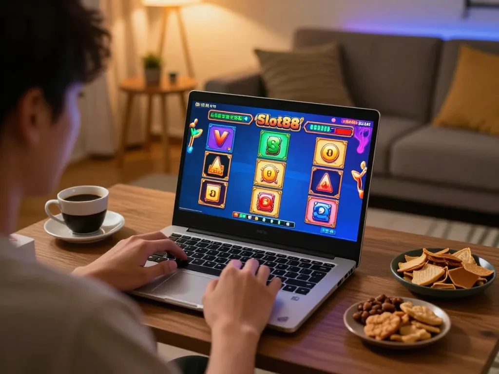 A player enjoying Agen Slot88 in a cozy home gaming setup, highlighting online gambling excitement.