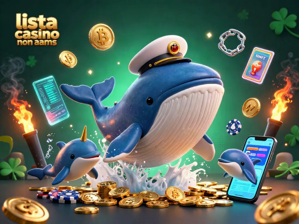 Illustrazione 3D ricca di dettagli con la lista casino non aams, con una balena e delfini che giocano con chip da poker, immersi in monete d'oro