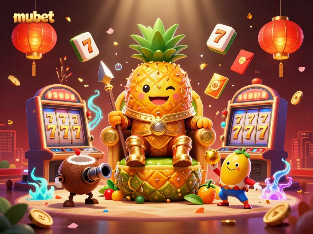Experience the vibrant action of mubet with a golden pineapple king and supporters at a lively casino scene.