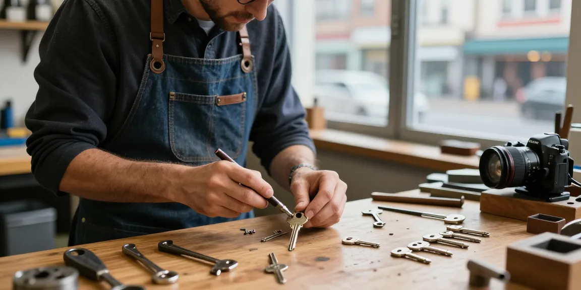 Locksmith Durham NC at work, crafting custom keys in a vibrant urban workshop.