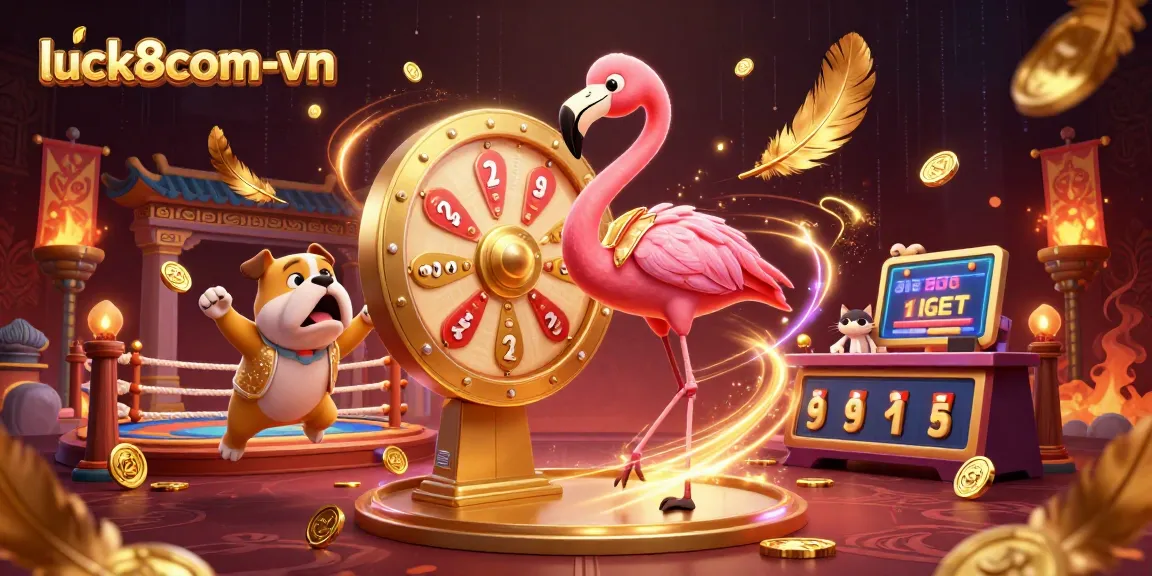 Exciting gambling scene with luck8com-vn prize wheel and animated characters in a festive, rich environment.
