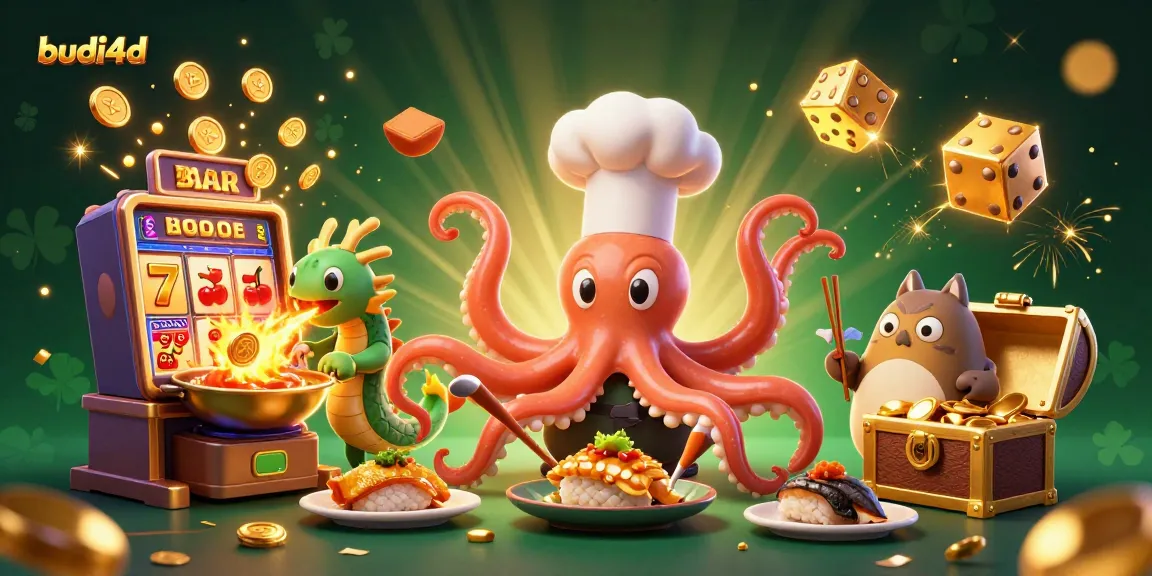 Experience the thrilling world of budi4d with a dynamic scene featuring a sushi chef octopus, a dragon, and a tanuki enjoying casino wins.