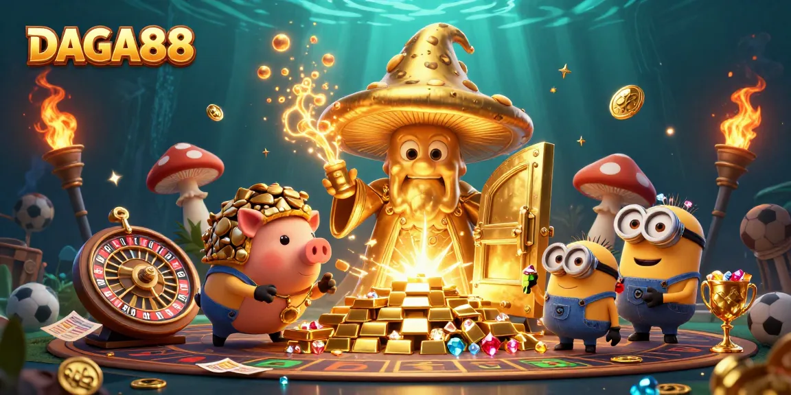 Experience thrilling DAGA88 action with a golden mushroom wizard amid sports betting elements.