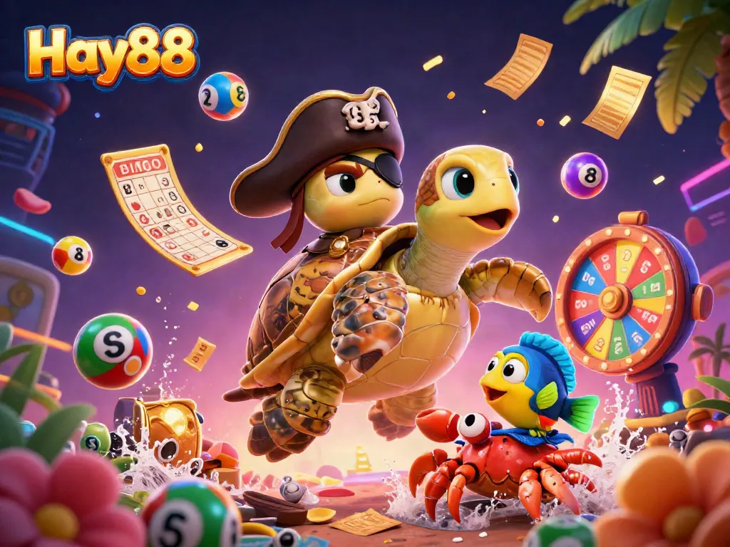 Experience a thrilling gaming adventure with Hay88 as vibrant lottery balls and gold shimmer in a lively 3D casino scene.