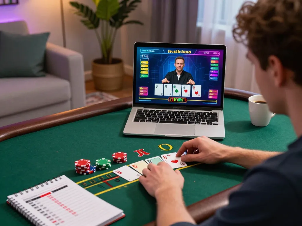 Engaging in online blackjack gameplay with mantra88 on a laptop, showcasing strategy moments in a cozy home setup.