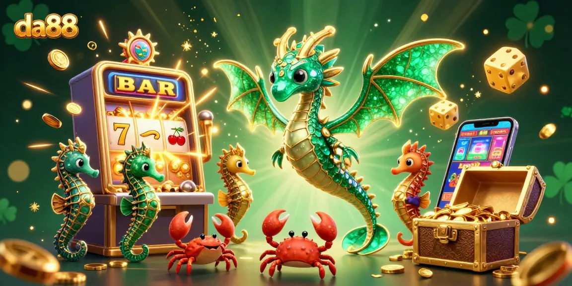 Engage with da88's vibrant casino world, featuring a whimsical sea dragon and an explosion of jackpots.