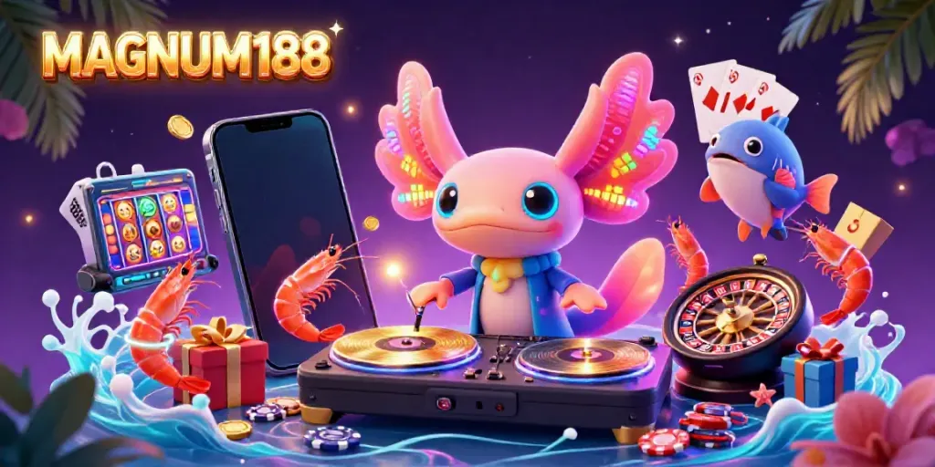 Experience the vibrant energy of MAGNUM188 with a neon-colored axolotl DJ spinning golden records, surrounded by lively shrimp dancers and gambling excitement.