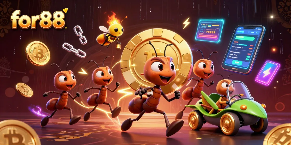 for88 captures a dynamic heist scene with animated ants, crypto coins, and vibrant casino elements.