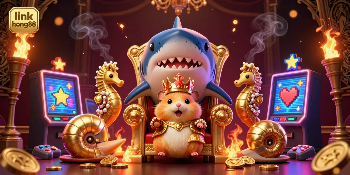 Engage with link hong88 as a golden hamster king reigns in this vibrant casino 3D scene.