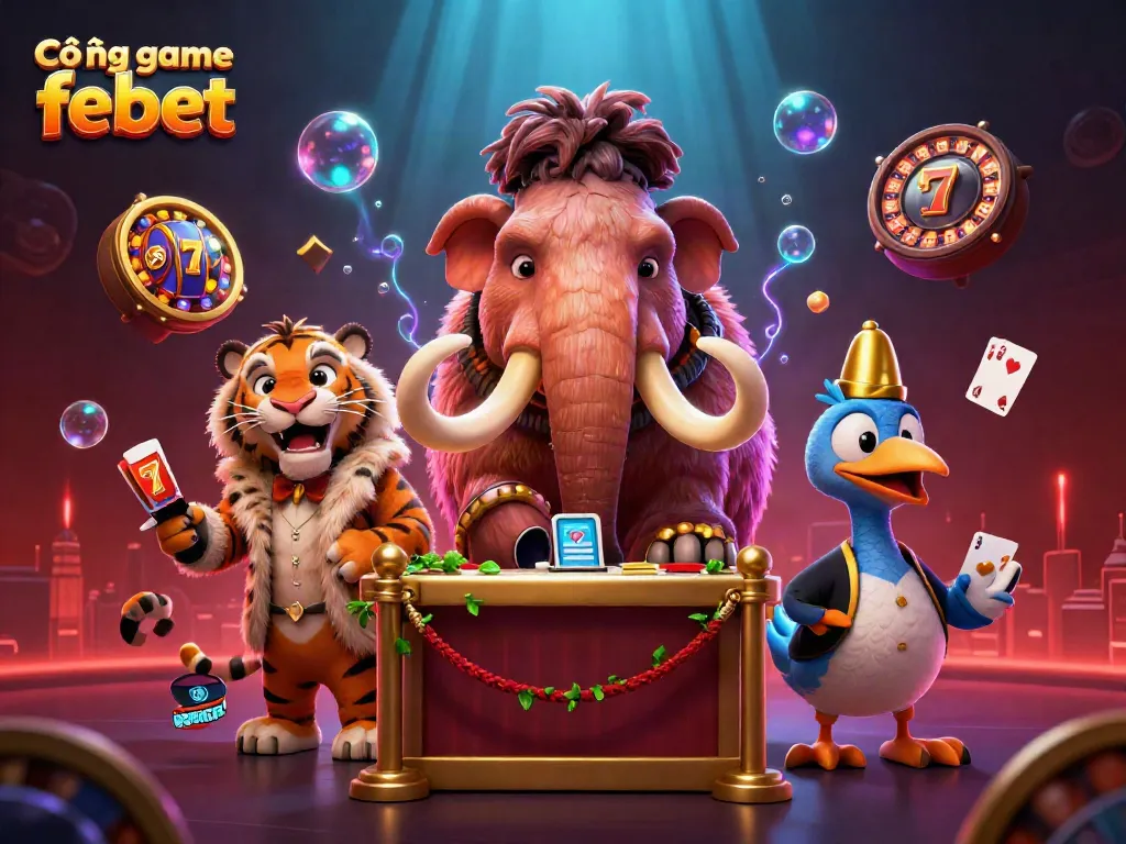 Experience the excitement at Cổng game febet with a lively casino scene featuring characters and dynamic game elements.