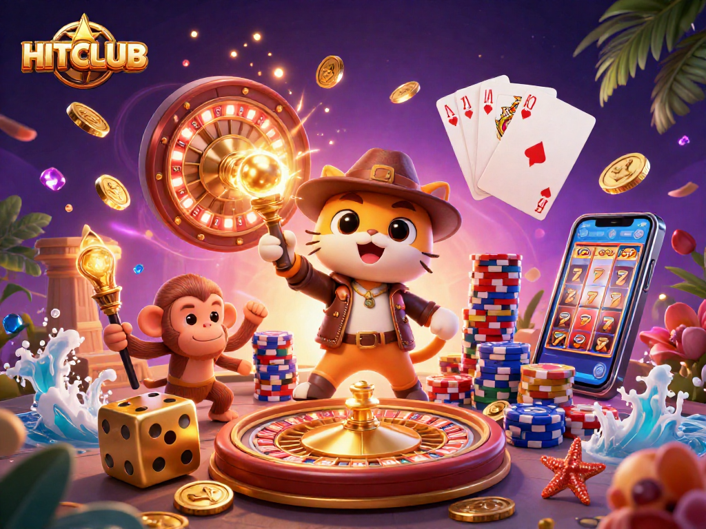 Engage with HITCLUB as the explorer cat uncovers treasures amidst vibrant casino elements.