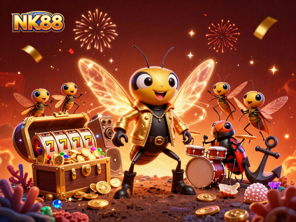 Experience the thrilling NK88 casino adventure with a vibrant 3D rock star scene.