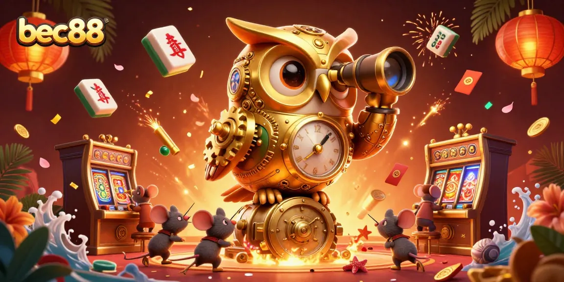 Bets soar at bec88 as a whimsical golden owl oversees vibrant casino action with lucky charms.
