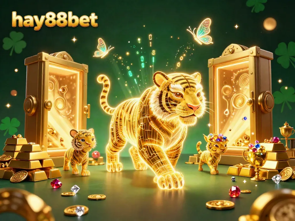 Join the excitement at hay88bet with a neon tiger in a vibrant casino landscape, showcasing treasures.