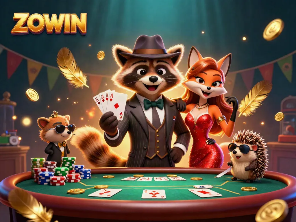 Experience the thrill of ZOWIN with a suave raccoon, fox lady, and hedgehog bouncer at a vibrant poker table.