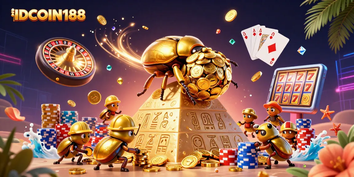 IDCOIN188 offers a dynamic scene of playful golden beetles rolling coins, symbolizing winning opportunities.