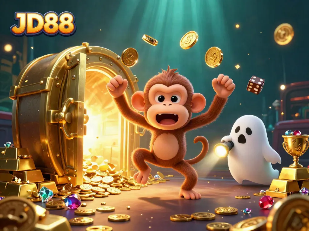 Experience the thrill of JD88 as a mischievous monkey juggles casino treasures in a haunted setting.