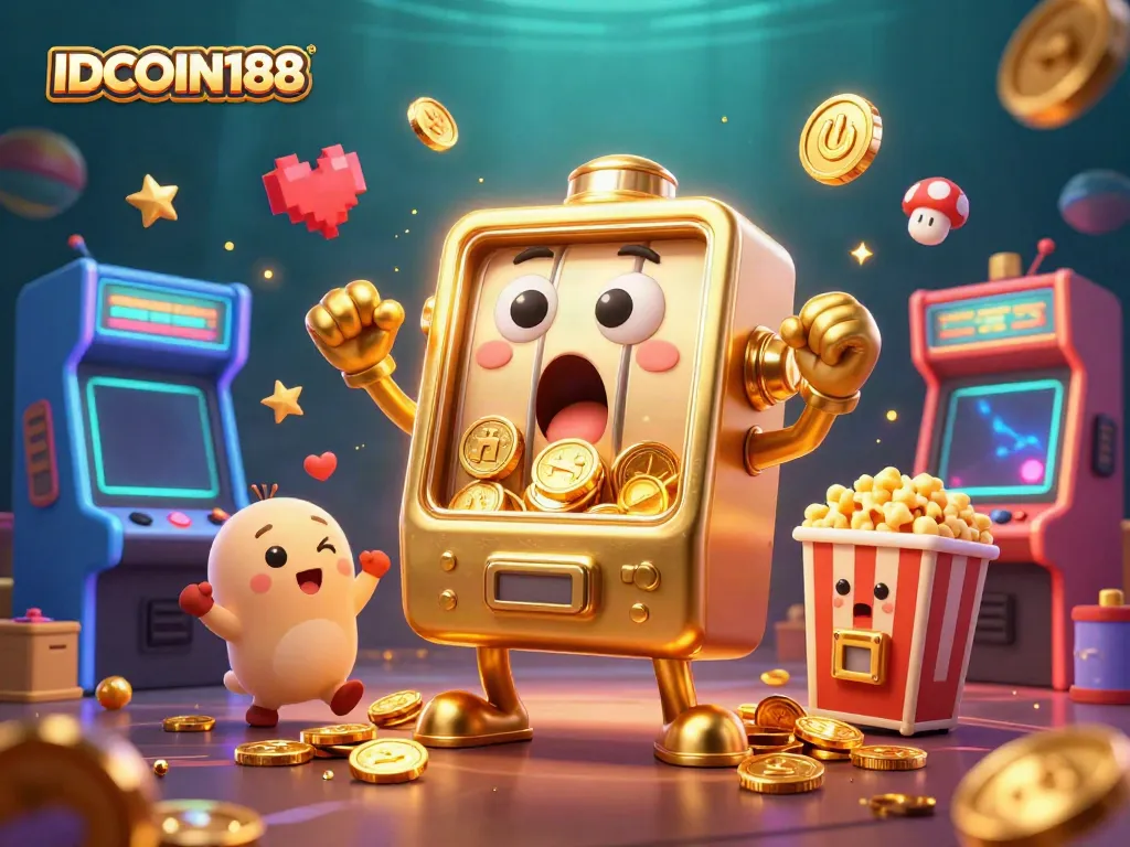 Engaging 3D scene featuring IDCOIN188 and captivating jackpot moments with cheerful slot machines.