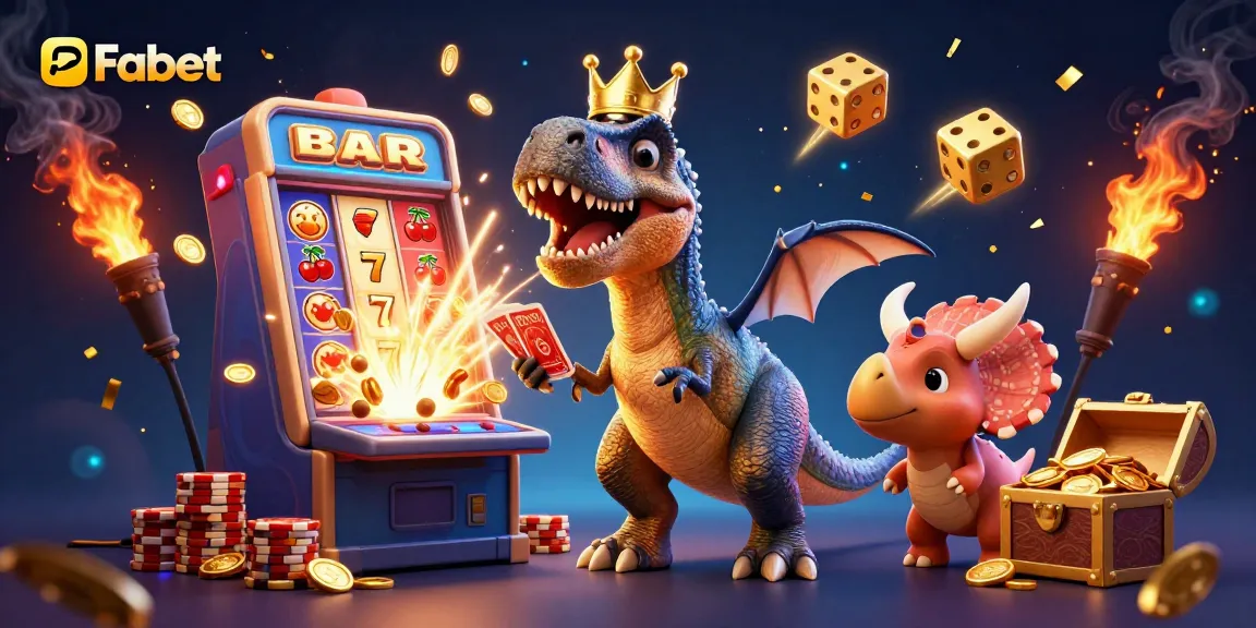 Fabet celebrates casino fun with a T-Rex and friends amidst jackpots and slots.