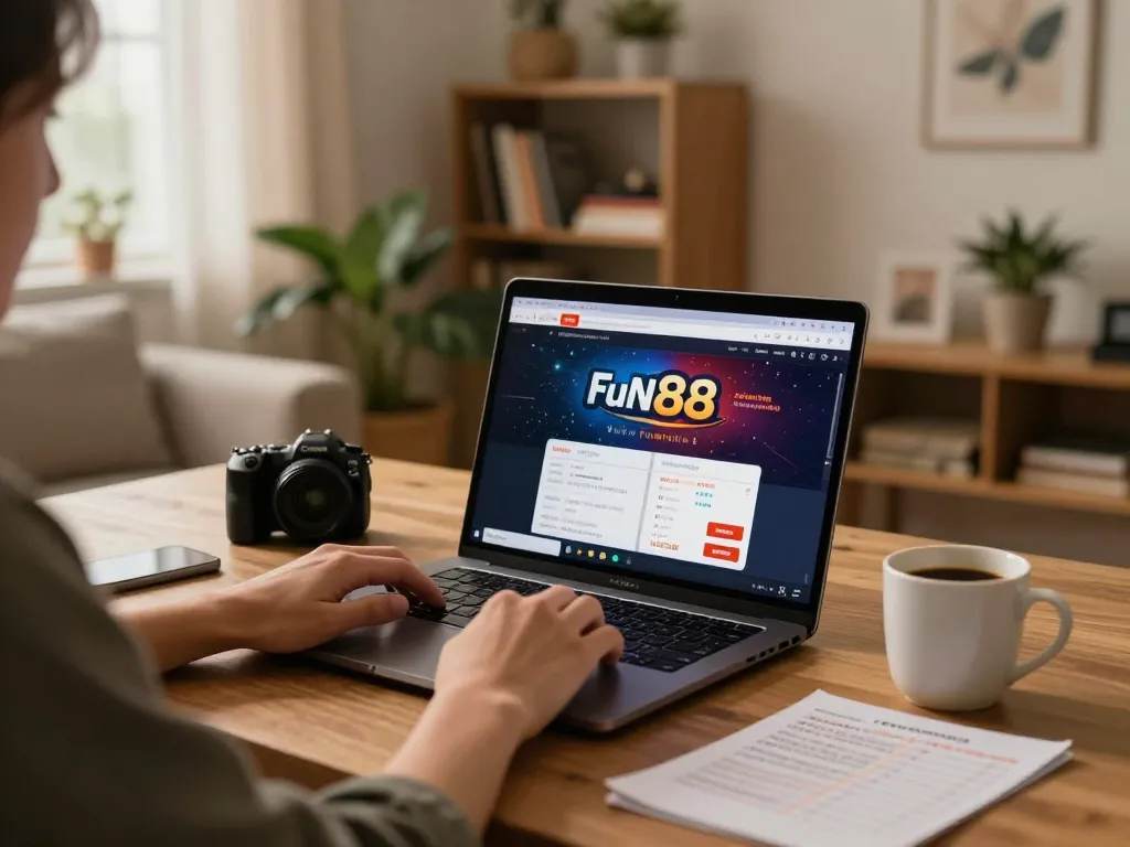 Engaging online gambling experience with Fun88 displayed on laptop in a cozy home setting.