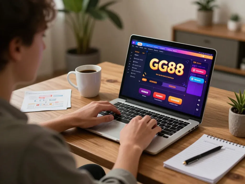 Player engaging in strategic GG88 online gambling session at home with a laptop.
