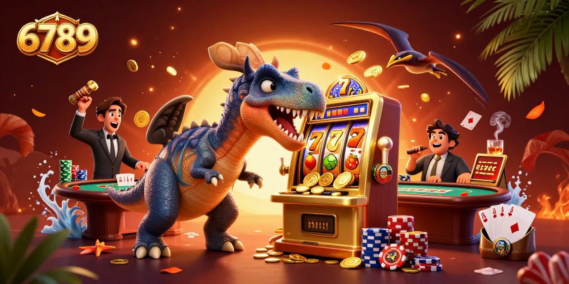 Experience 6789 as a pachycephalosaurus heads for jackpot coins, surrounded by vibrant casino elements.
