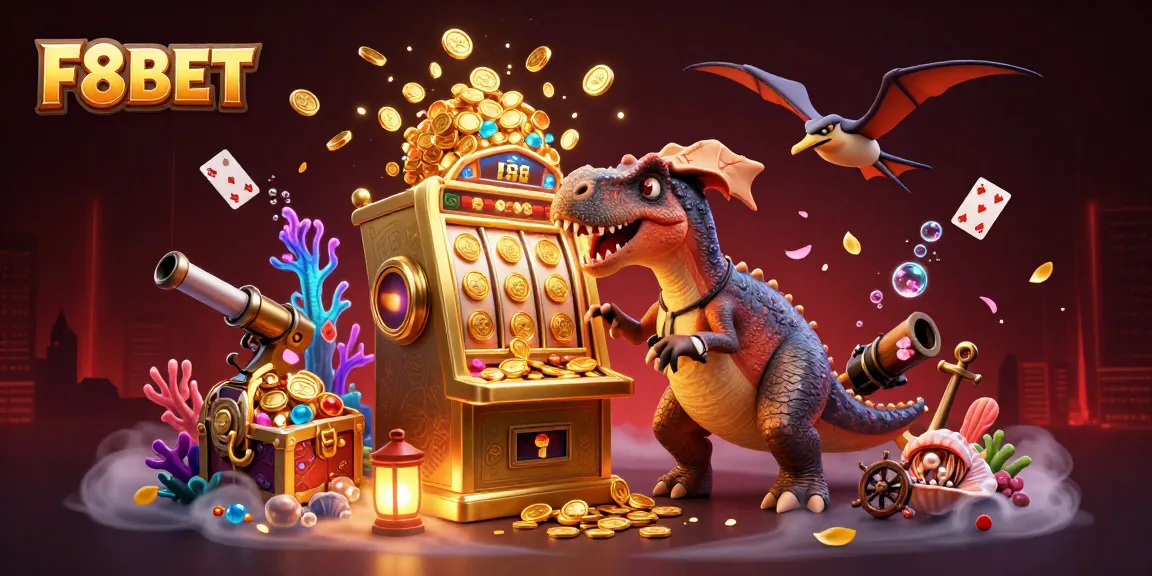 F8BET showcases a pachycephalosaurus triggering jackpots while a pteranodon catches flying coins in a vibrant casino scene.