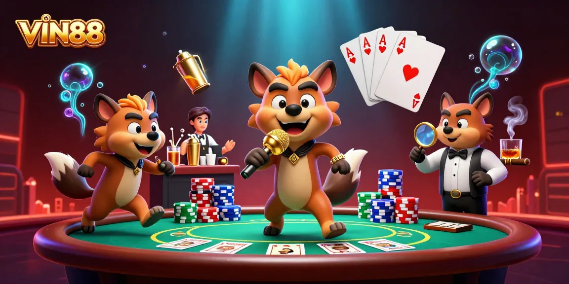 VIN88 casino scene showcasing hyenas in a lively atmosphere with poker elements and vibrant decor