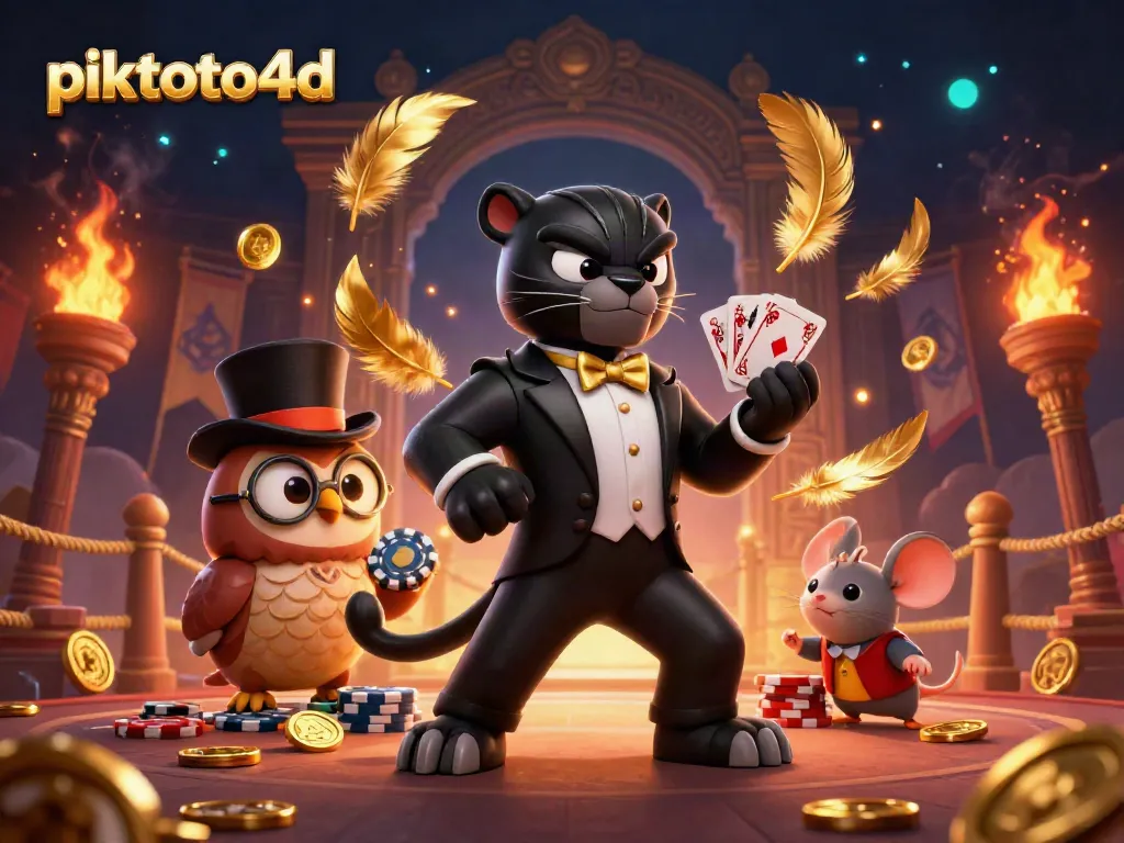 Engage in thrilling card games at piktoto4d with a stylish panther dealer and lucky characters.