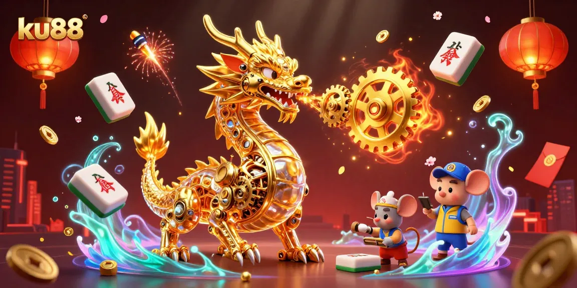 ku88 showcases a vibrant golden dragon amidst casino elements, exuding excitement and energy.