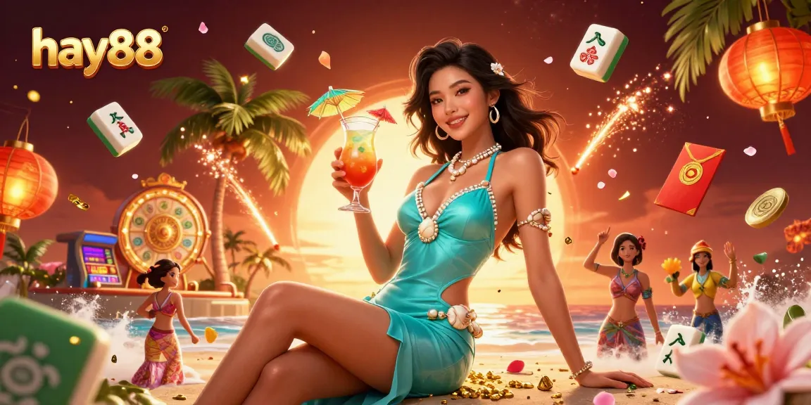 Join the fun at hay88 with an stunning illustration of a glamorous woman holding a tropical cocktail at a beach casino.
