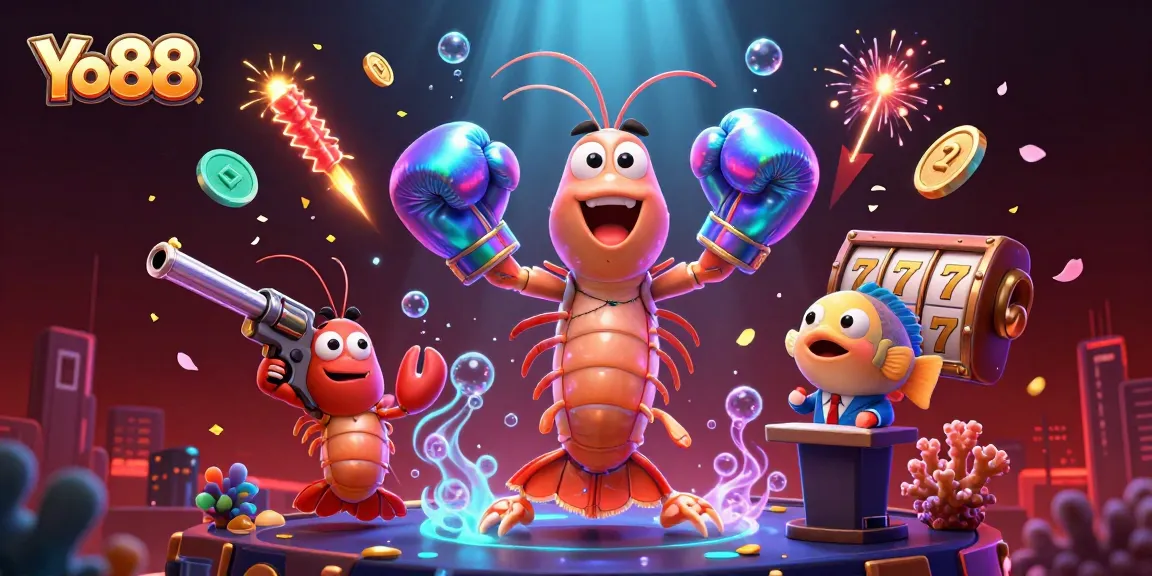 Engage with the exciting world of Yo88 through this vibrant 3D illustration of a mantis shrimp and friends, showcasing dynamic slot reels.