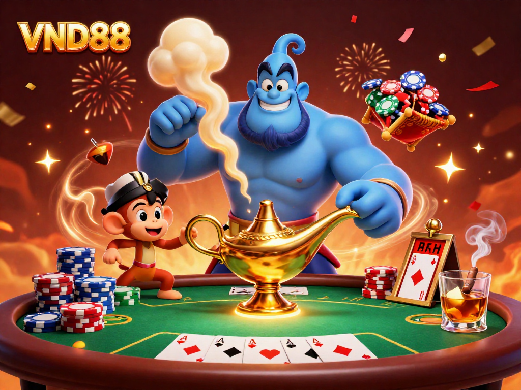 Experience thrilling poker action at VND88 with an engaging illustration of a genie, monkey, and poker elements.