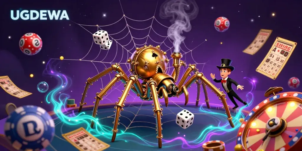 Experience winning moments with UGDEWA's vibrant casino web scene featuring a golden steampunk spider.